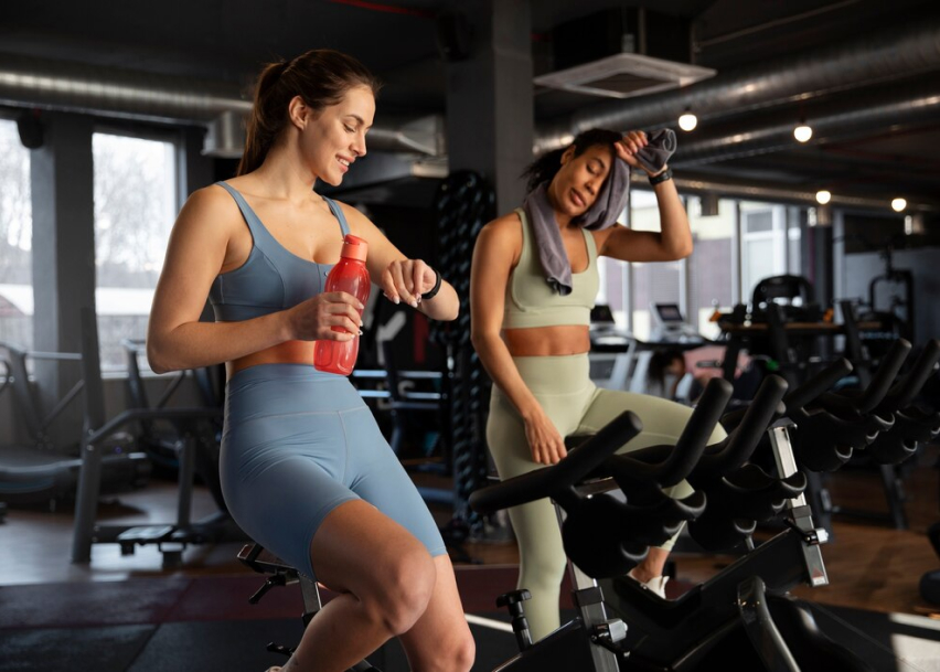 Две девушки занимаются на велотренажере